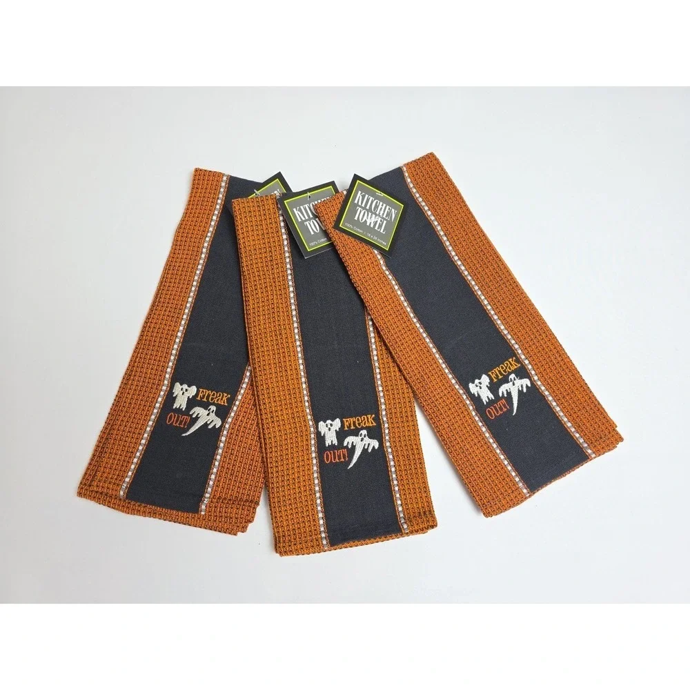 Kitchen dish Towel‎ set of 3 Halloween Freak Out Ghost Fall orange black NEW